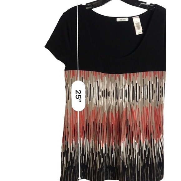 Liz Co Geometric Black Orange Beige Short Sleeve Top Size M - Picture 5 of 9